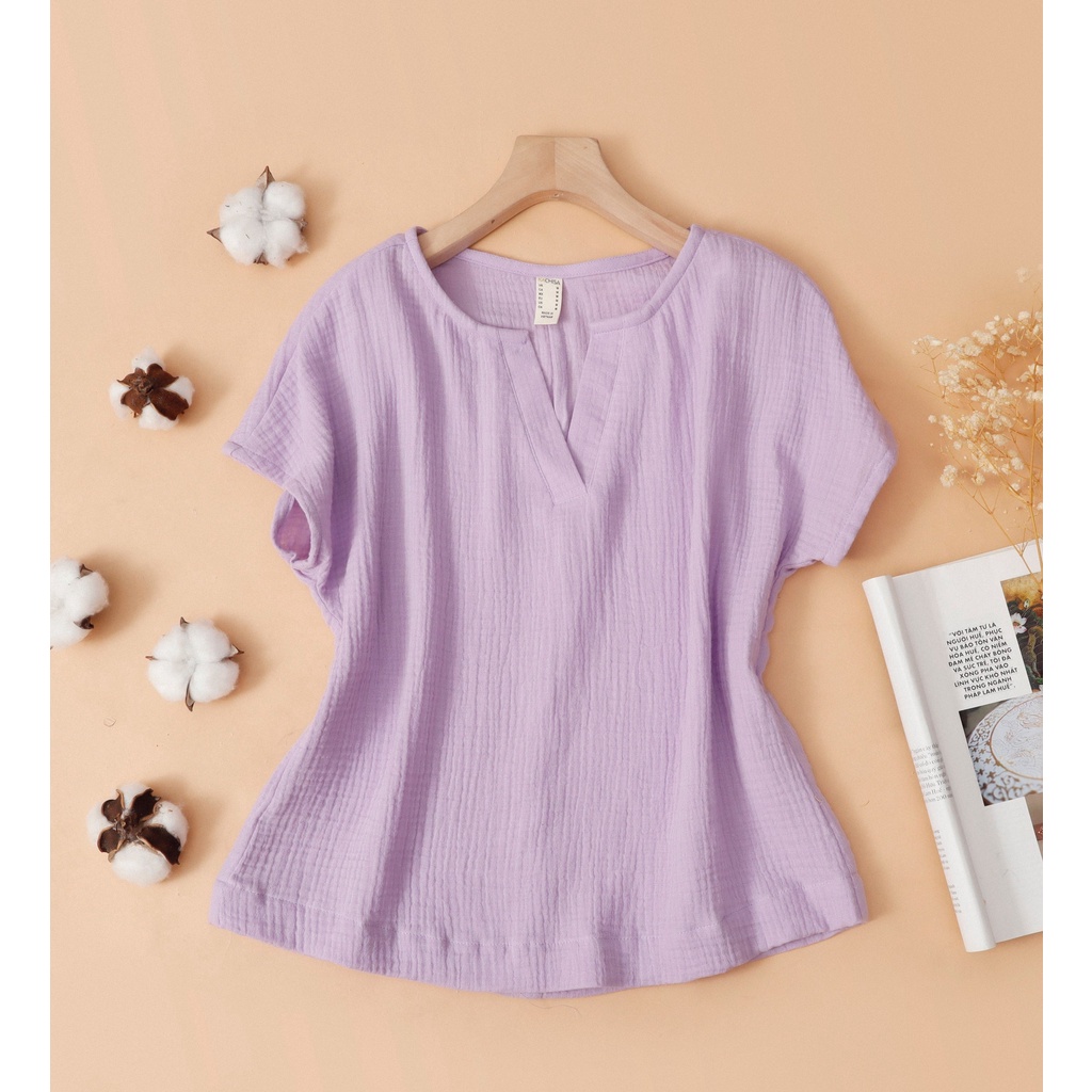 Áo kiểu nữ trung niên cao cấp muslin cổ v cánh dơi tím KACHISA 634, form suông cho các chị mẹ U40+ che bụng