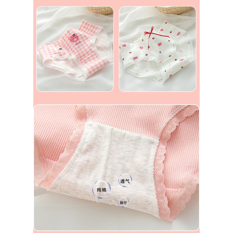 Set 5 quần lót cotton nữ họa tiết gấu màu hồng dễ thương kháng khuẩn thấm hút mồ hôi 369