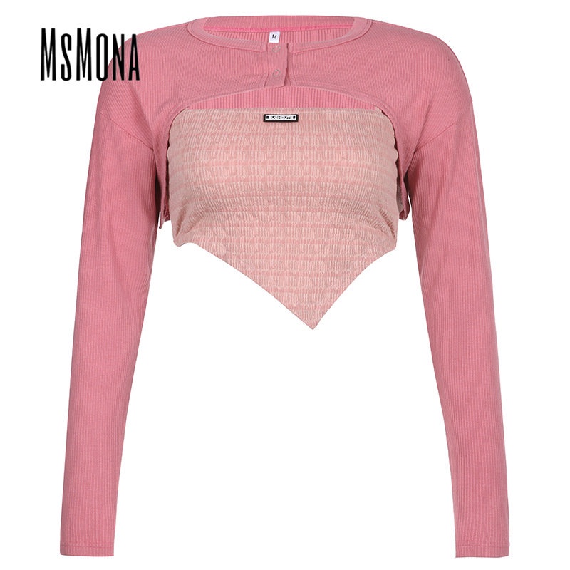 MsMona Áo Thun Tay Dài Hở Vai Phối Màu Tương Phản Thời Trang 2023 Cho Nữ