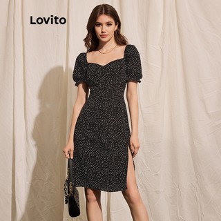 Đầm suông Lovito tay phồng họa tiết chấm bi tay phồng xẻ tà trước phong cách thường ngày dành cho nữ L39LD011 (đen)