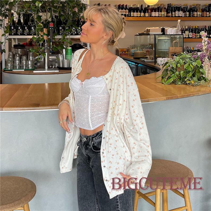 Áo Cardigan Dệt Kim Y2K Tay Dài Có Nút In Hoa Dễ Thương Cho Nữ