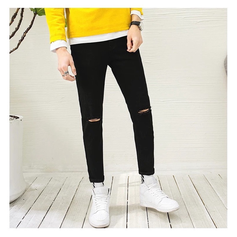 Quần jean dài nam màu đen rách gối chất dày dặn co giãn thoải mái form skinny cao cấp 303