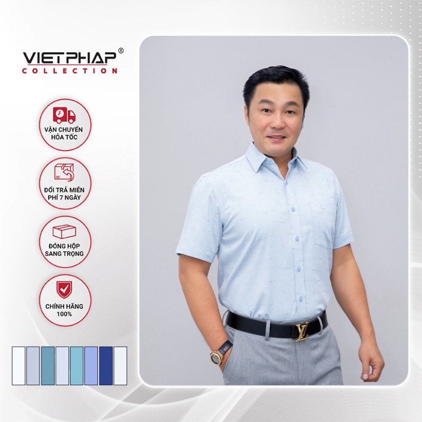 V.P Áo sơmi Nam tay cộc Vạt Ngang chấm nốt bi thời thượng Bamboo 9403 Việt Pháp. hút hơi Mồ Hôi, Chống tia hồng ngoại -