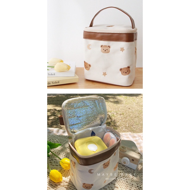 TÚI GIỮ NHIỆT BỈM SỮA THÊU HÌNH DỄ THƯƠNG - KT19*17*10cm