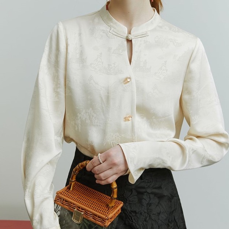 Áo Sơ Mi Satin Cao Cấp Đa Công Dụng Phong Cách Trung Hoa Cổ Điển Cao Cấp 2023 Cài Nút Jacquard Q