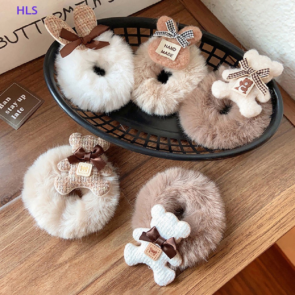 Dây Buộc Tóc Cao Su Đính Lông Trắng Hình Tai Thỏ Và Gấu Đáng Yêu Thời Trang Cho Nữ