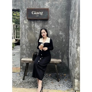 Váy len đen cổ trắng form xuông rộng cho bà bầu !