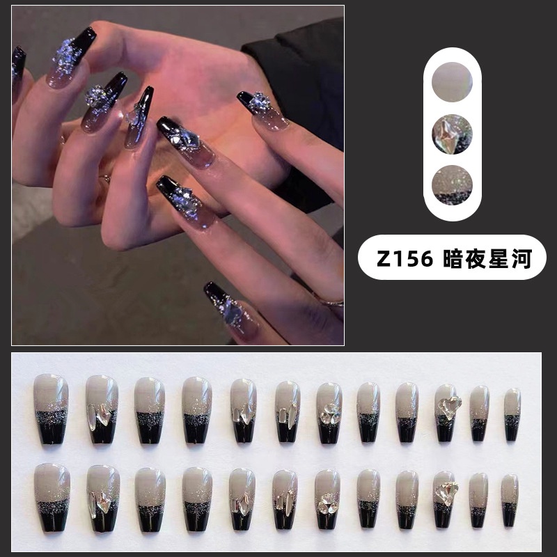YADORNOS Set 24 Móng Tay Giả Màu Đen Dài Đính Đá Lấp Lánh Phong Cách Pháp