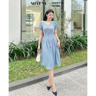 Đầm hoạ tiết đi chơi Nhật Vy chít ben cổ tim tay phồng thắt dây eo dáng xoè chất mango phù hợp dạo phố công sở - D2594