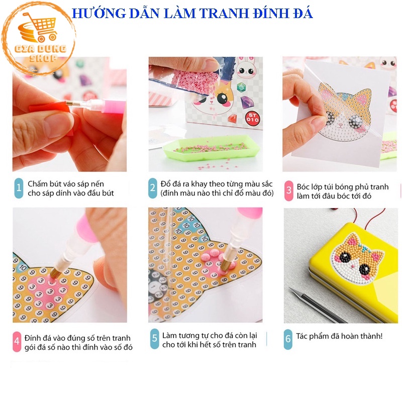 (12 Con Thỏ) Tranh Đính Đá Mini Hình Động Vật Cho Bé Tự Hoàn Thành