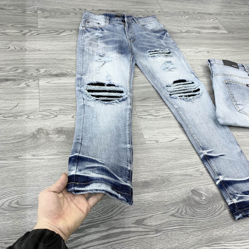 Quần jean skinny Amiri nam likeauth wash đen xám rách vá da nhăn đen thỏ Playboy đùi gối ống xếp sóng | BigBuy360 - bigbuy360.vn