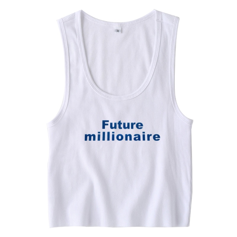 Áo Croptop Dệt Kim Sát Nách Cổ Tròn In Chữ Thời Trang Mùa Hè Cho Nữ