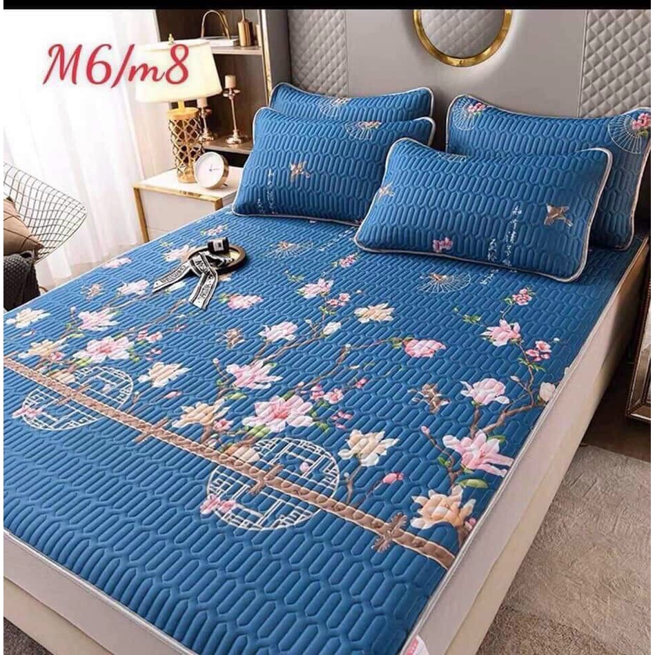Chiếu điều hòa cao su non kích thước 1m4 1m5 gồm ga điều hòa kèm 2 áo gối mẫu hoa đào - sanxuatchangagoi