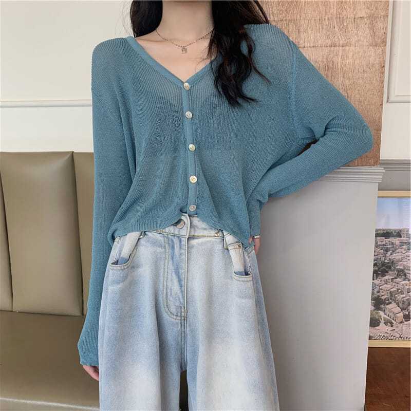 áo kiểu khoác cardigan dệt kim tay dài sơ mi croptop len cổ chữ v chất liệu lụa chống nắng thời trang cho nữ