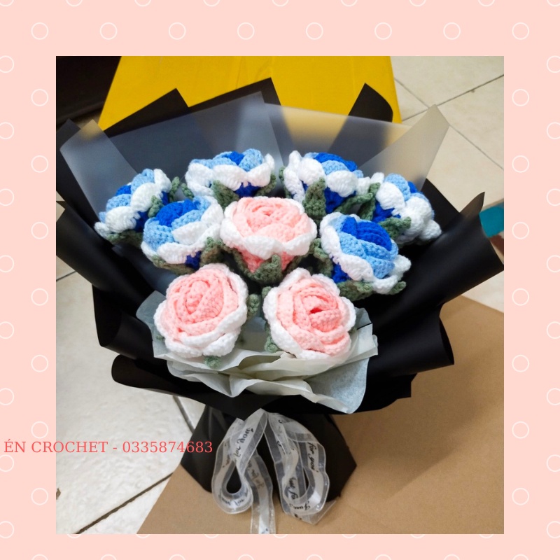 Gói sẵn Bó hoa hồng len handmade màu omber 9 bông xinh xắn làm quà tặng valentime, sinh nhật, 8/3, 20/10 cho người yêu