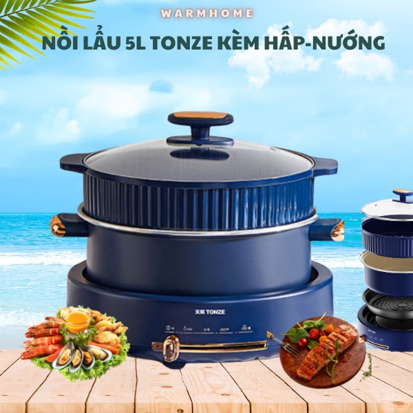 Nồi lẩu tách rời TONZE 5L đa chức năng nướng, hấp, chiên rán, công suất 1350W,dễ dàng tháo lắp,vệ sinh