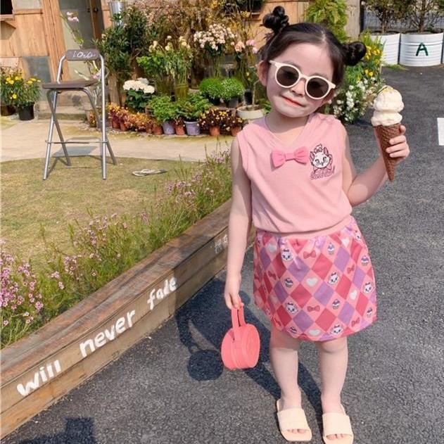 Bộ Đầm Hai Mảnh Áo Thun In Hình Mèo Mary Thời Trang Mùa Hè 2023 Dành Cho Bé Gái