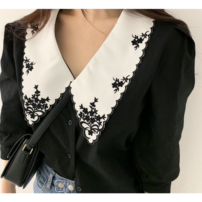 Áo Sơ Mi Tay Phồng Thêu Họa Tiết Phong Cách Retro Hàn Quốc