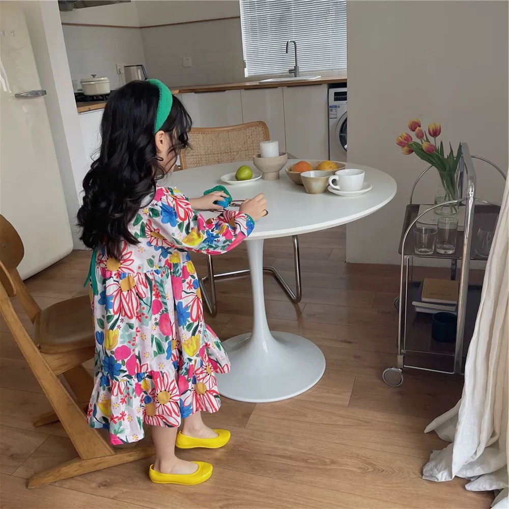 Váy hoa in cổ tròn mùa hè cho bé gái tay bồng công chúa