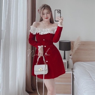 váy nhung trễ vai bèo đỏ sale