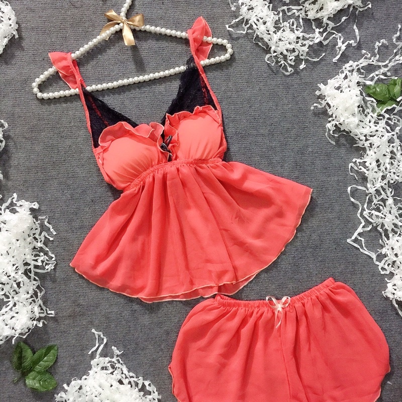 Đồ ngủ sexy voan mút rời cánh tiên bèo ngực phối ren DN0039