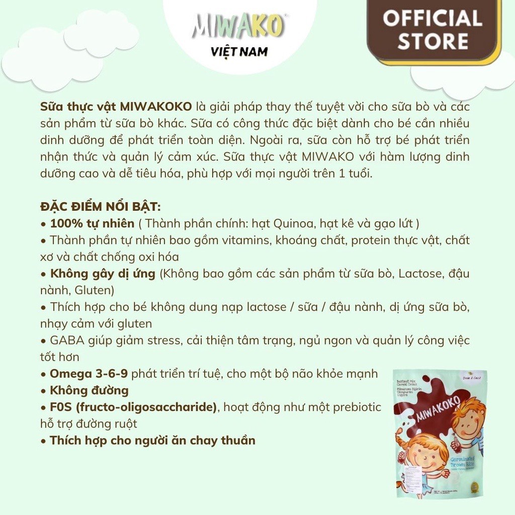 Sữa hạt Miwako A+ vị vani cho bé từ 1 tuổi hộp 700g + Sữa hạt Miwakoko vị cacao túi 300g - Miwako Official Store