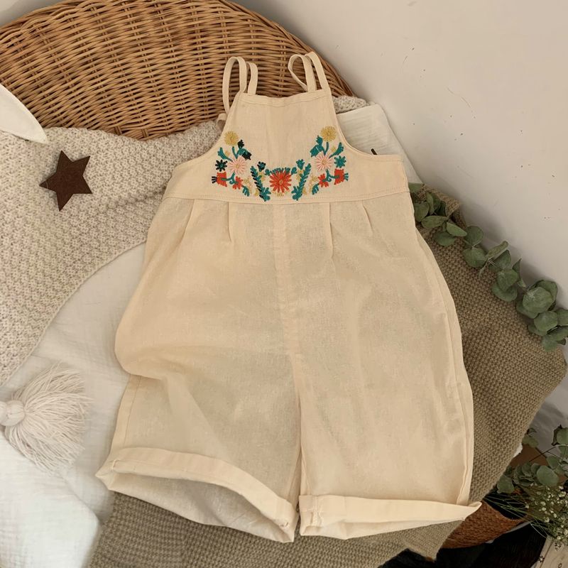 [Hàng Mới Về] Quần Yếm Dáng Rộng Không Tay Bằng Vải Cotton Lanh Thêu Hoa Phong Cách Dân Tộc Dễ Phối Đồ Mùa Hè Cho Bé Gái