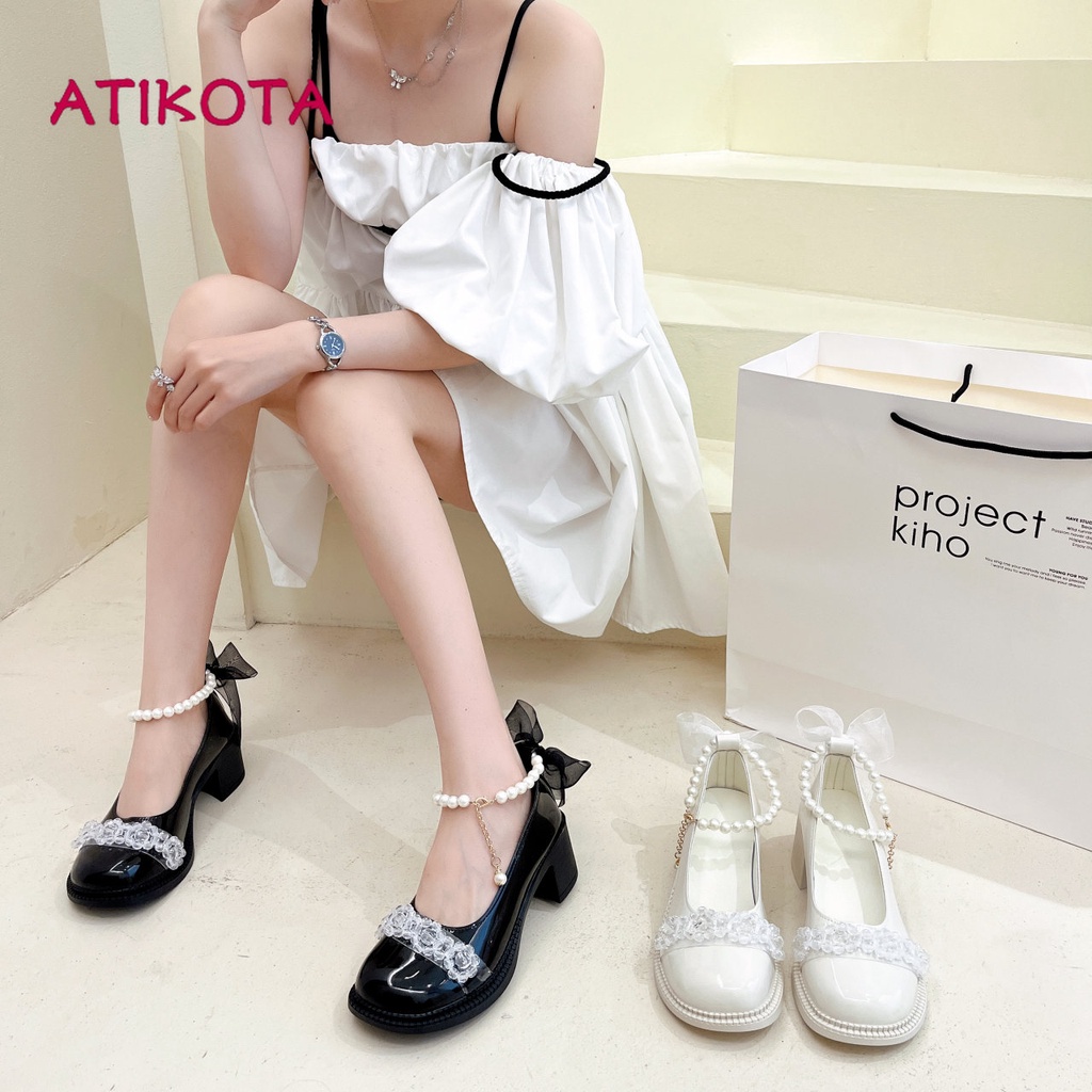 Atikota Giày Cao Gót Đính Nơ Ngọc Trai Phong Cách Thời Trang Lolita Dành Cho Nữ