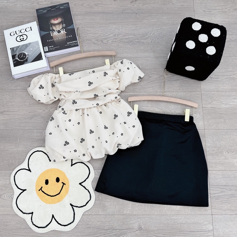 [ 𝐅𝐑𝐄𝐄 𝐒𝐇𝐈𝐏 ] Set áo trễ vai hoa ly ngực mix cv siêu xinh Áo hoa xốp QC cao cấp chuẩn mẫu , tay bồng 2 lớp, chun lưng dễ