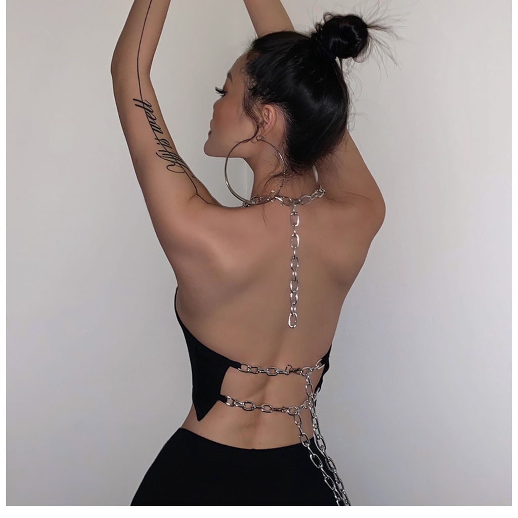 Weird Puss Cool girl Cheming Áo Dây Xích Sắt Hở Lưng Phong Cách Dạng Treo Mỏng Và Đa Năng Cho Nữ