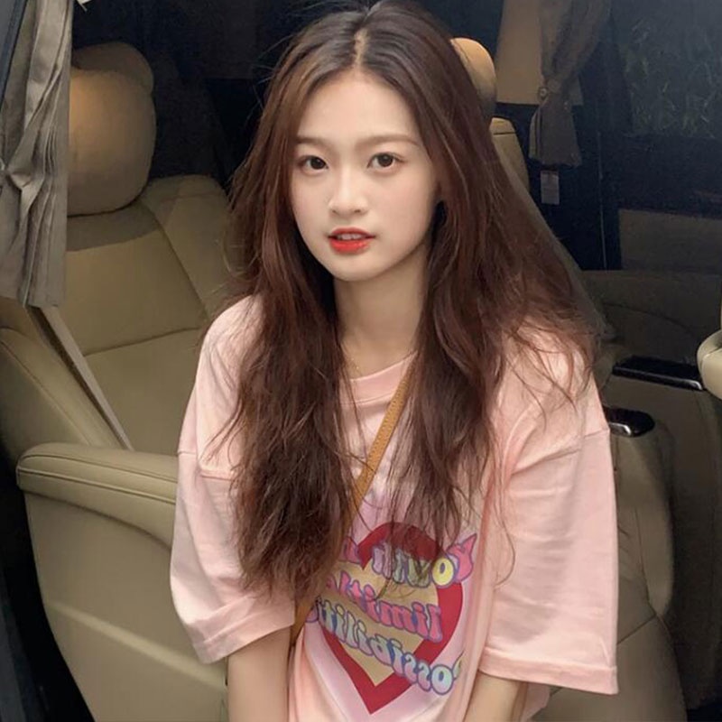 Áo thun XINLANYASHE cổ tròn tay ngắn dáng rộng in họa tiết thời trang Hàn Quốc 2023 cho nữ