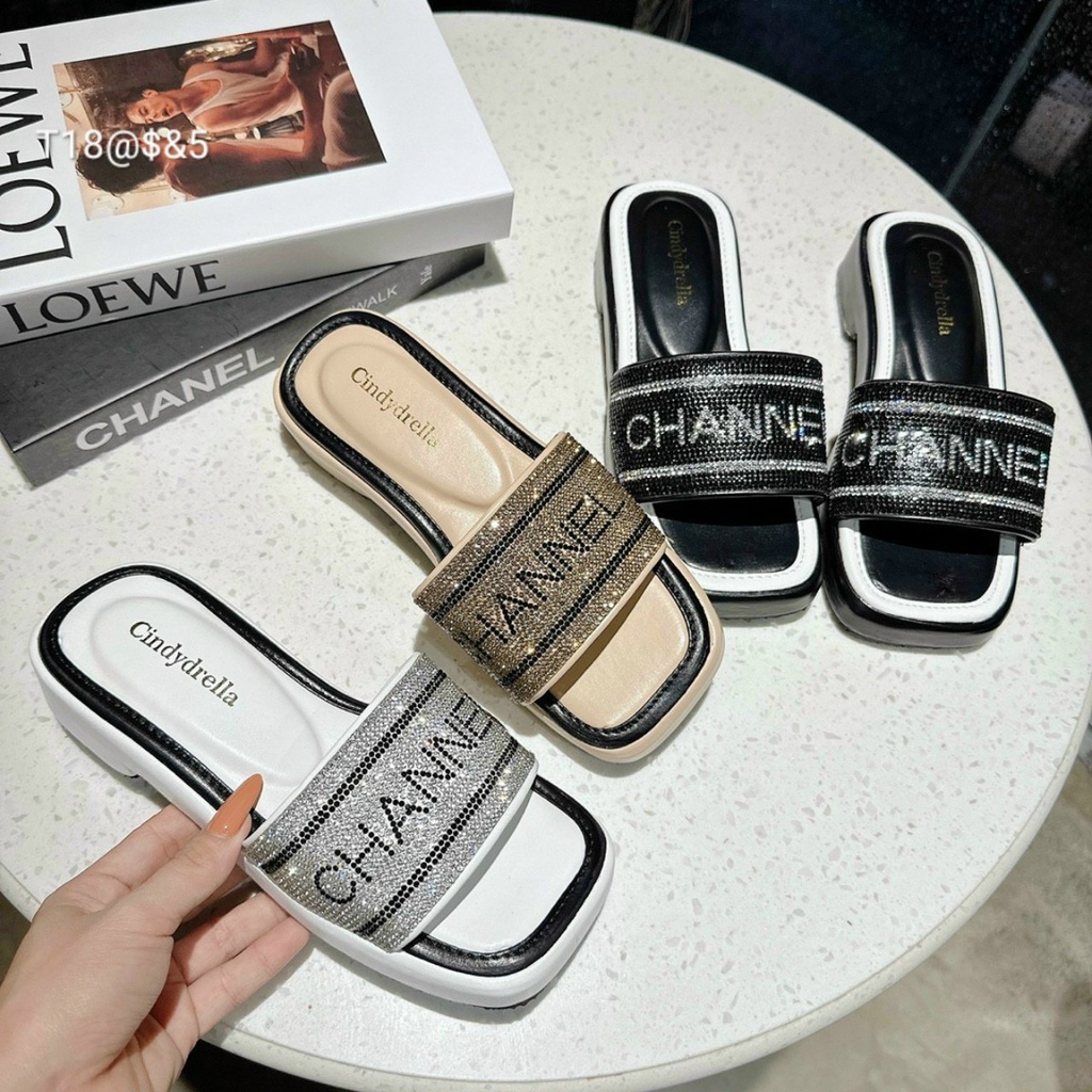 Dép Bản Chữ Thêu Mũi Vuông Đế 3 Phân Thời Trang Siêu Đẹp