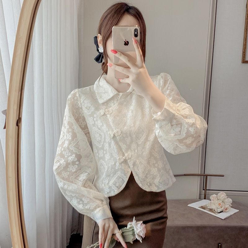 Áo Sơ Mi Ngắn Phối Ren Lỗ Cài Nút Phong Cách Trung Hoa Cổ Điển Thời Trang Mùa Thu Hàng Mới Dành