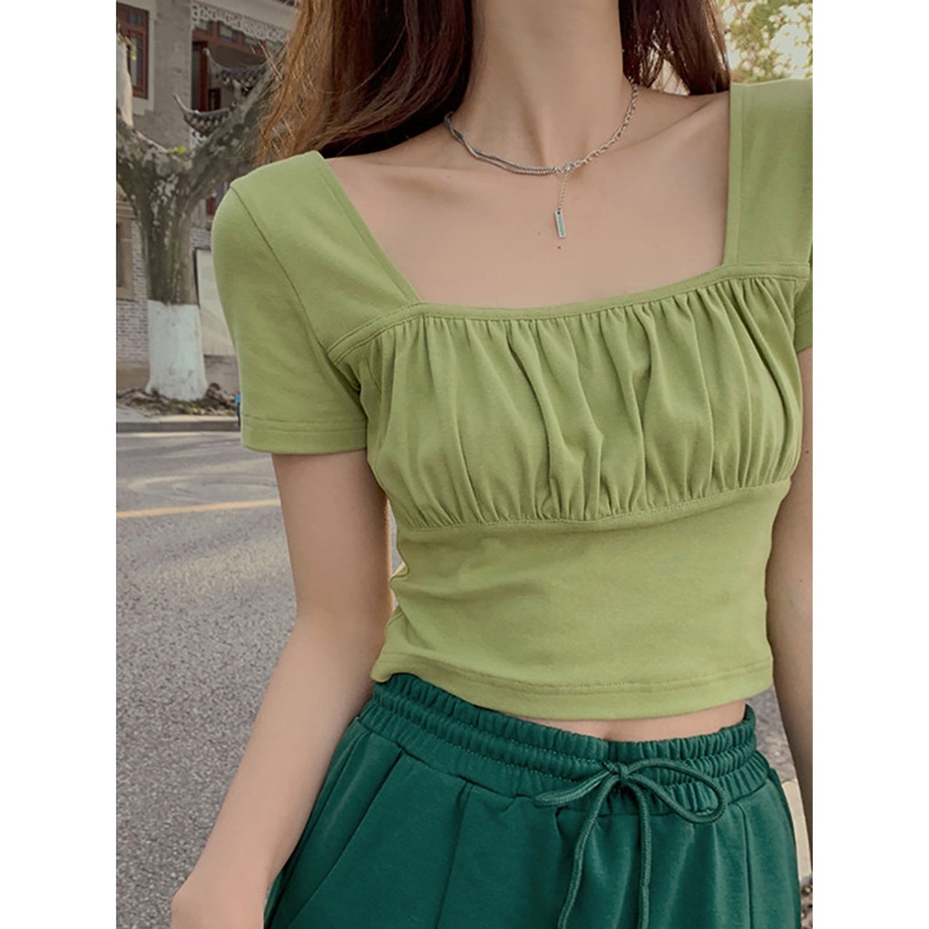 COZOK Áo Thun Lửng Ngắn Tay Cổ Vuông Thời Trang Nữ