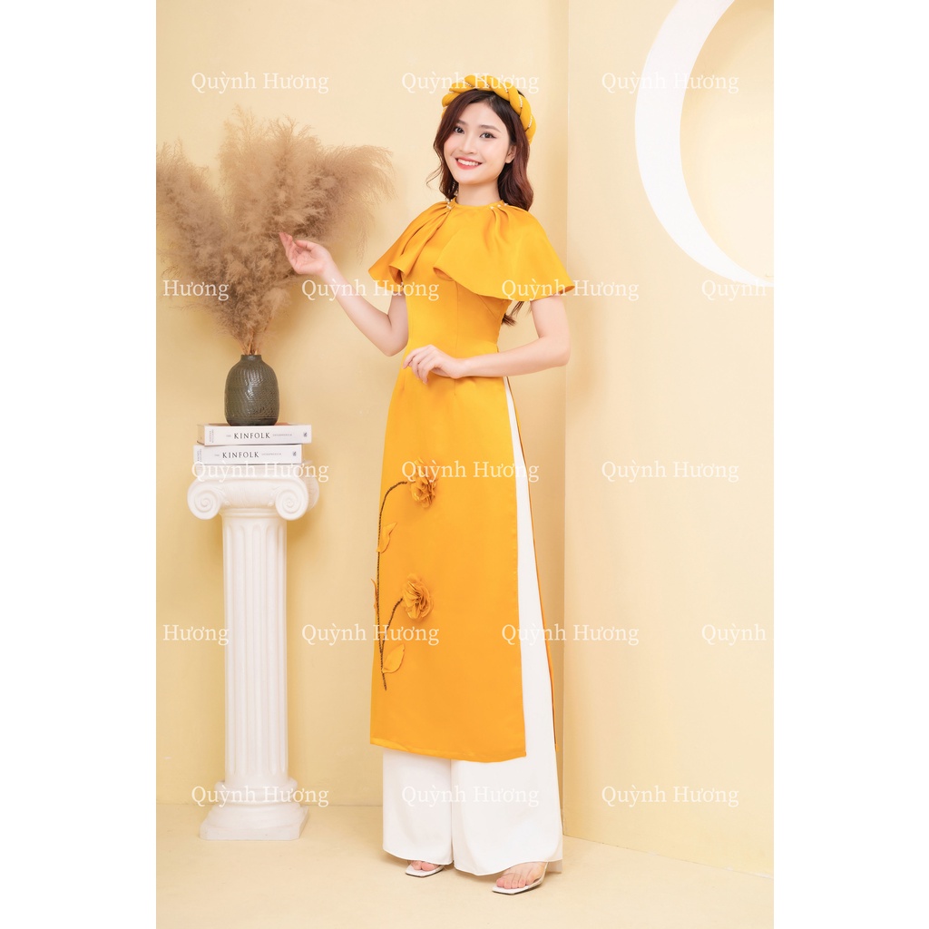 Áo dài cách tân tafta tay cánh tiên màu vàng siêu xinh by Quỳnh Hương