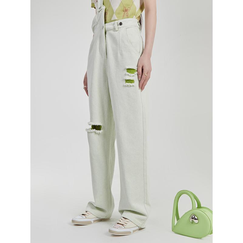 Bán Chạy @ Quần Yếm Denim Rách Màu Xanh Lá Cây Cổ Điển Thiết Kế Cạp Cao Một Dây Đeo Vai Mỏng Dễ Phối Đồ @ -