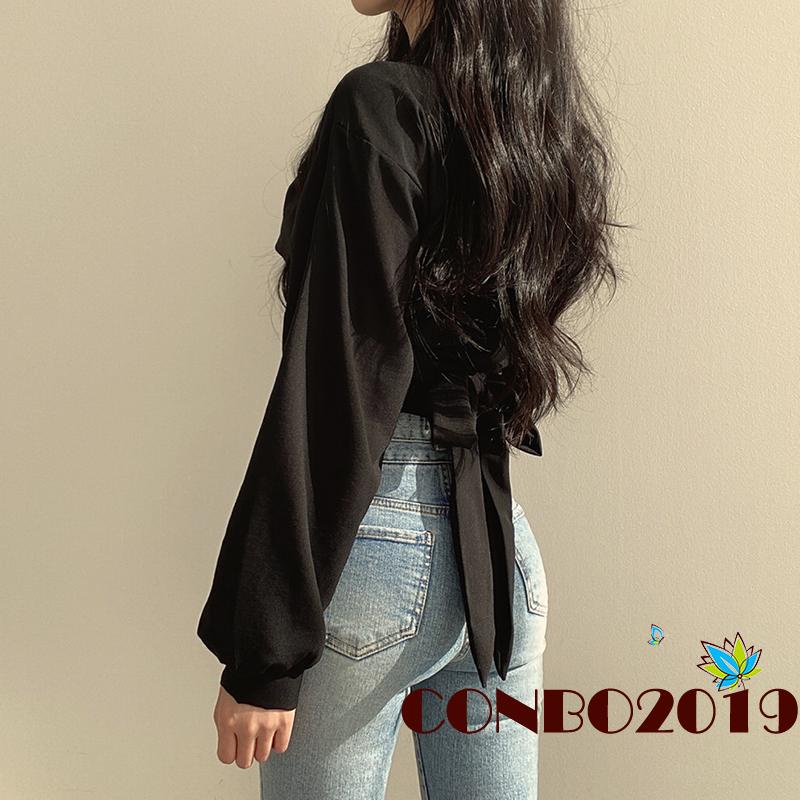 Áo Croptop Tay Dài Cổ Chữ V Màu Sắc Thanh Lịch Cho Nữ