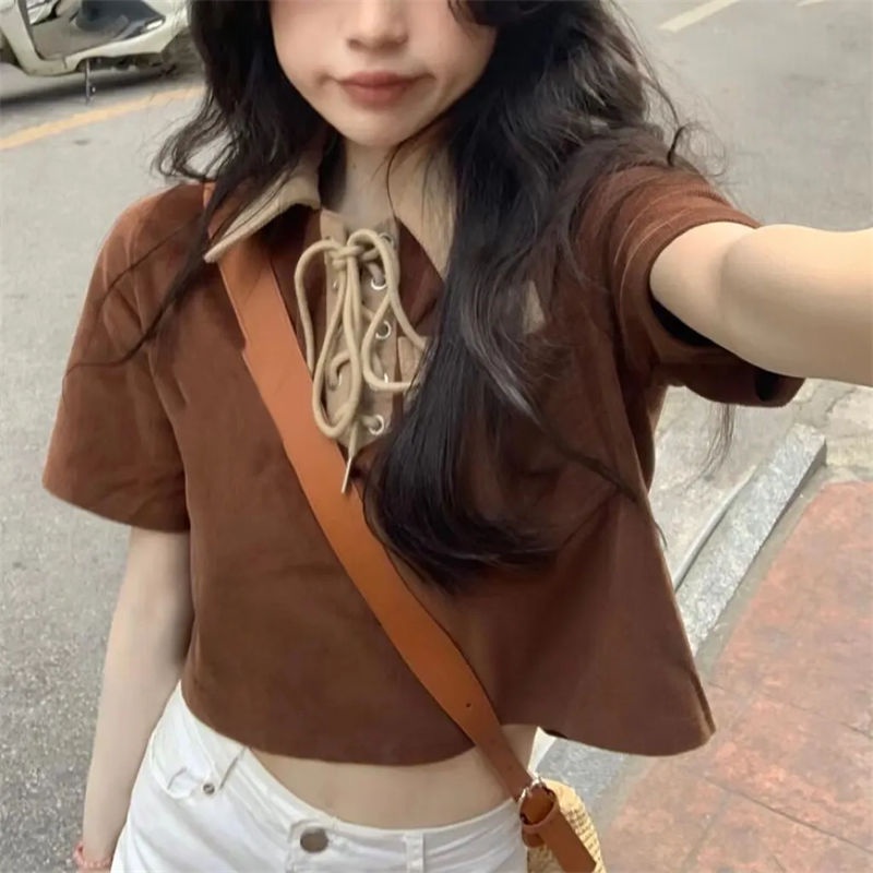【YYDS】Áo Polo mùa hè 2023 áo thắt dây cổ bẻ cổ điển phong cách Hồng Kông mẫu ngắn nữ HOT GIRL Harajuku hở rốn dễ phối cộc tay