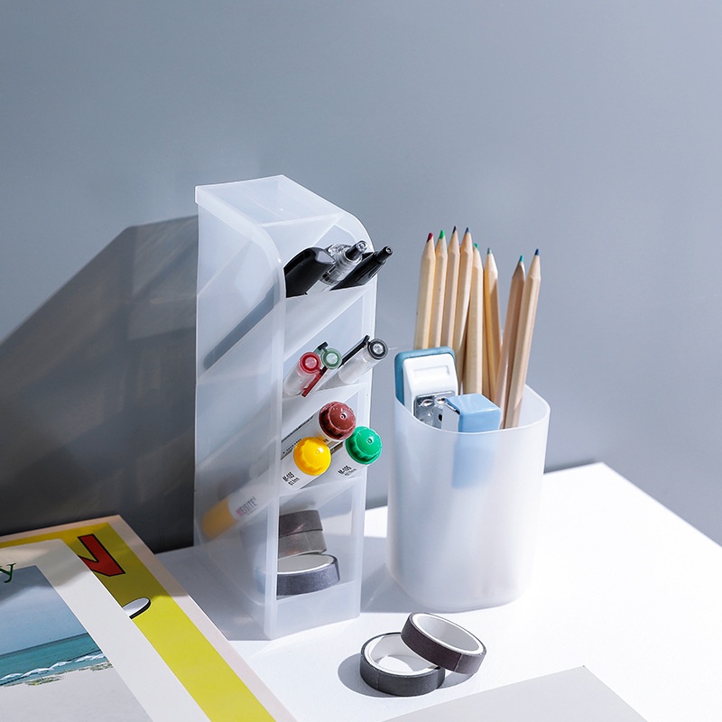 Storage Case Box Pen Plastic Holder School Clear Desktop Multi-function Pencil Organizer Grey 4 Grid