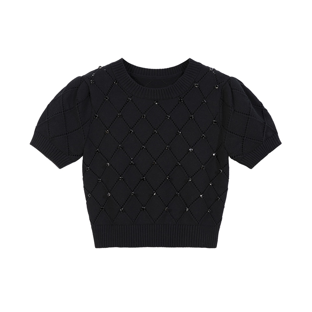 Áo Sweater Tay Phồng Ngắn Họa Tiết Kẻ Sọc Đính Kim Cương Thời Trang Mùa Xuân Mới 2023