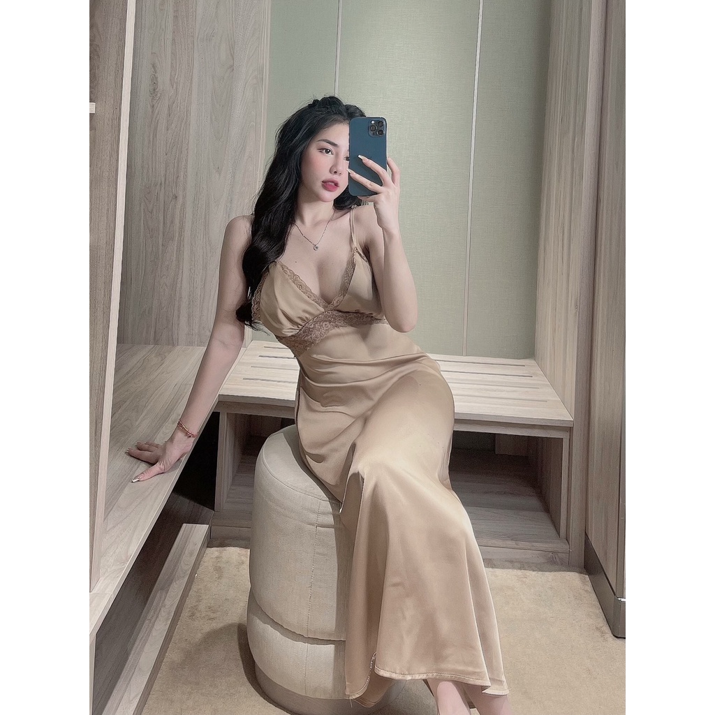 Đầm ngủ dáng dài 2 dây phối ren sexy có thắt eo lụa latin cực mát mẻ Freesize