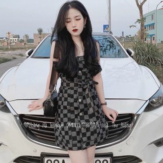 Váy bò kẻ ô khuy dọc kèm đai hàng QC