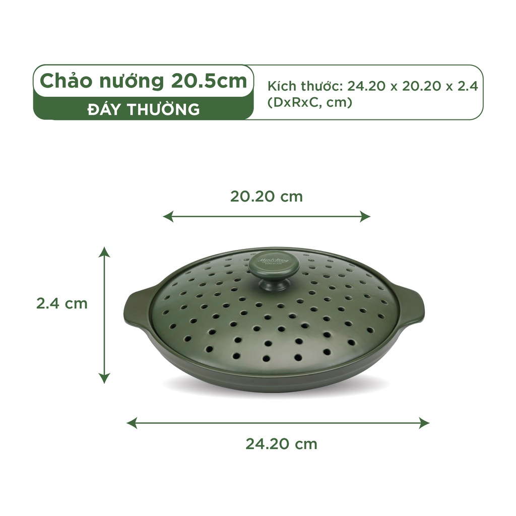 Chảo Nướng Dưỡng Sinh Minh Long 20.5 cm + Không Nắp - Dùng Cho Bếp Gas, Bếp Hồng Ngoại