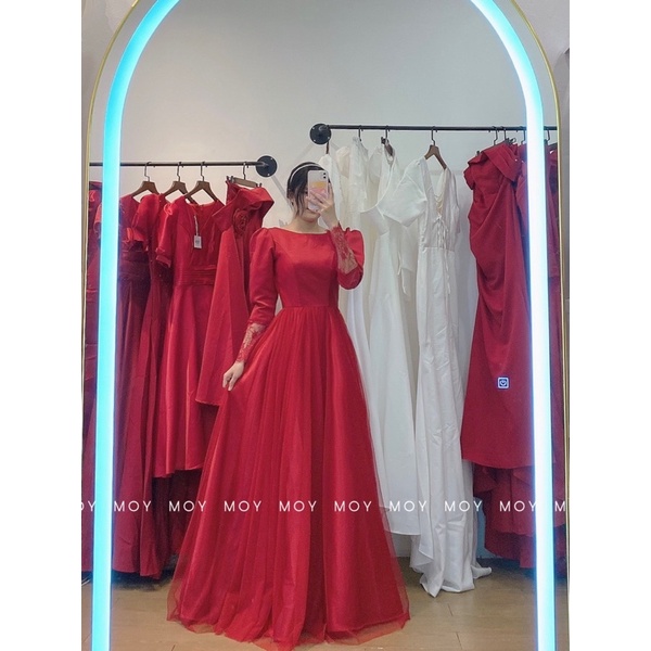 Váy xòe lưới cổ thuyền tay dài phối ren đan lưng chuỗi- Váy cưới, đầm cưới thiết kế đi bàn, chụp ảnh sang trọng- H403