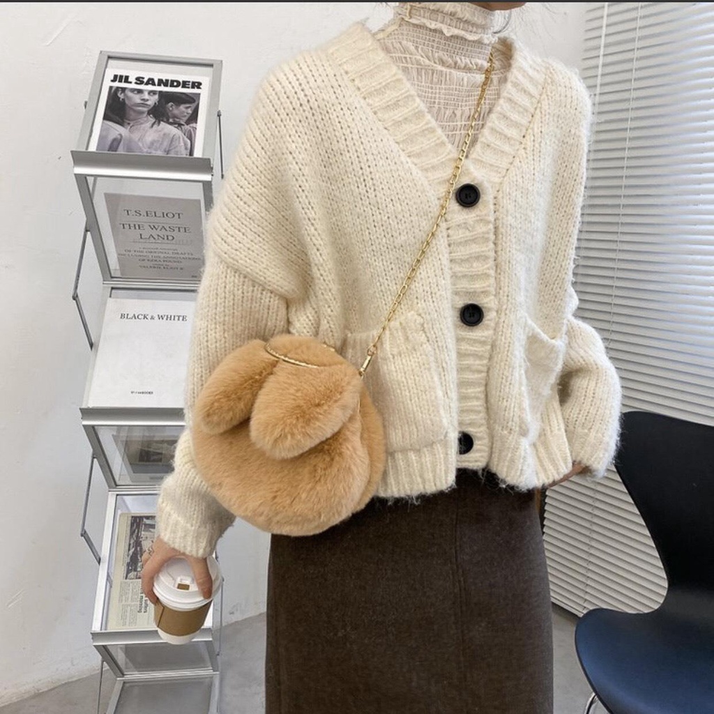 Túi Xách Hình Thú Nhồi Bông Dễ Thương - Túi Đeo Chéo Lông Nhung Hình Tai Thỏ