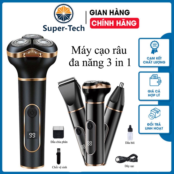 Máy Cạo Râu Đa Năng 3 In 1 Kiêm Tông Đơ Tỉ Lông Mũi Cao Cấp Nhất Dao Cạo Râu Thông Minh Chống Nước Màn Hình LCD Hiện Đại