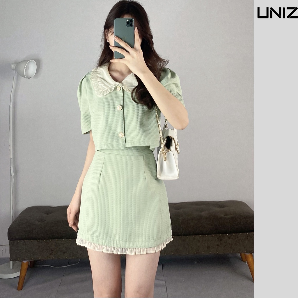 ( Ảnh thật ) Sét croptop tổ ong phối tơ kèm chân váy chữ A UNIZ - Setphoito256