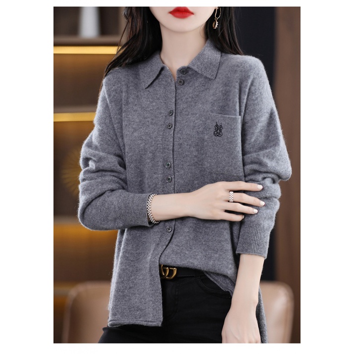 Áo Khoác Cardigan Dệt Kim Cổ POLO Thêu Họa Tiết Thời Trang Xuân Thu