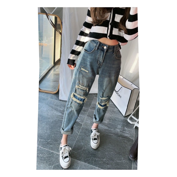 Quần Jean Rách Đính Hạt Giả Nhỏ Phong Cách Mới 2023 Dễ Phối Đồ Cho Nữ