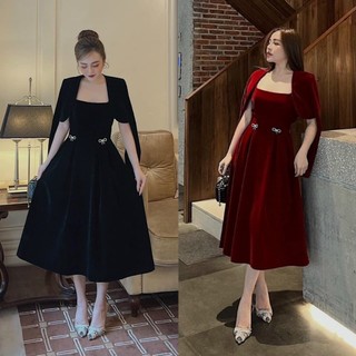 Đầm váy nữ nhung đính ngọc 2 màu mix áo khoác xinh xắn, sang chảnh thích hợp dành cho các nàng